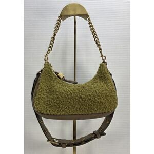 Tory Burch 151‎ Mercer Bouclé Small Crescent Shoulder Bag in a green and brown.